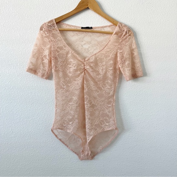 Zara Tops - Zara Peach Floral Lace Sheer Bodysuit